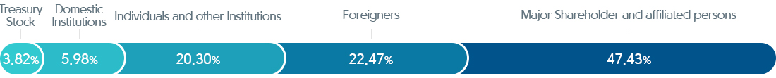 Major Shareholder and affiliated persons 46.79, Foreigners 21.53%, Individuals and other Institutions 20.89%, Domestic Institutions 7.22%, Treasury Stock 3.57%